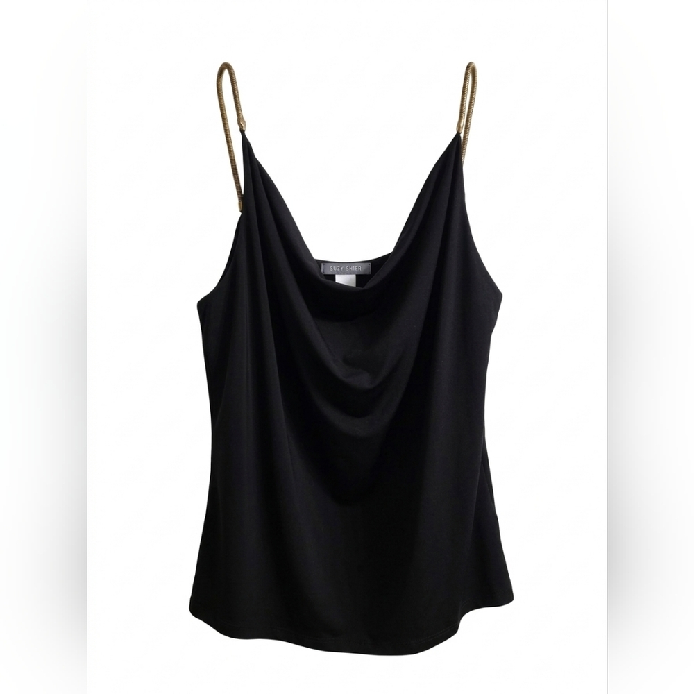 Suzy Shier Black Cowl Neck Cami with Gold Chain Straps | Size L